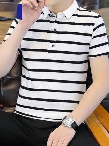ROMON | Lormen Mens Stripe Short Sleeve T-Shirt Summer Thin Business Casual Ice Silk Collar Polo Shirt Fashionable Urban Youth Wear