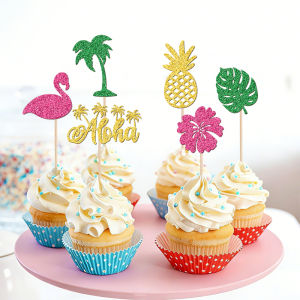 YOMDID 24Pcs Summer Beach Cake Toppers Hawaiian Party Cupcake Toppers Glitter Tree Leaves Flower Bird Pattern Cake Decorations