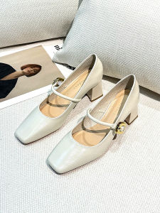 White Leather High Heels Womens Spring 2025 New Retro Square Head Buckle Mary Janes Thick Heel Single Shoes Fashionable Commute