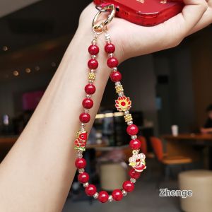 ZHENGEGE | Chinese Style New Year Celebration Red Koi Lotus Charm Short Rope Phone Case Chain