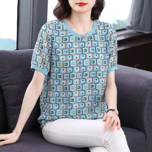 Chiffon Short Sleeve Korean Style T-shirt Women Clothes 2024 Summer New Style Middle age Mother Foreign Flavour Plus Size Tops Ladies Checked tees