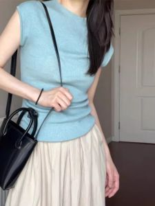 HUOLISI | Blue Slim Fitting Elegant Knit T-Shirt Summer Blouse