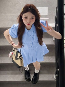 QINWEIYU | Blue Shirt Dress Set Women Summer 2025 New Bubble Sleeve Pleated Short Skirt High Waist Cotton Sweet Style A-Line Dress