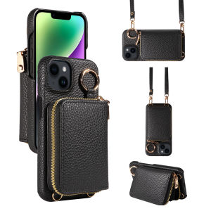 Newly Designed Deluxe Zipper Card Case for iPhone 16promax 15 14 Faux Leather Phone Case with Crossbody Lanyard Wallet Function