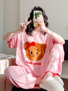 เสื้อผ้านอนผู้หญิง HEARMSE ทรงหลวม แขนสั้น ผ้าไหมน้ำแข็ง ทรงบาง กระโปรงสั้น ฤดูร้อน 2025 คอลเลกชันฤดูใบไม้ผลิ