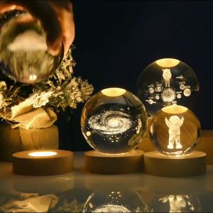 Glowing crystal ball 3D interior carved small crystal ball light with wooden base decorative Christmas creative gifts
