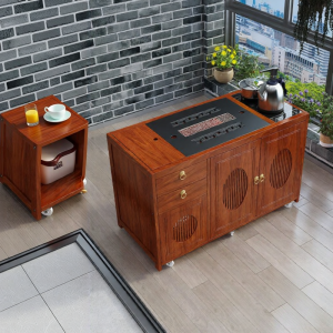QIMUDAO | Moveable New Chinese Style Tea Cart with Wheels Water Heater Integrated Tea Storage