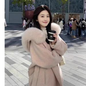Pink Double-Faced Woolen Coat Fox Fur Collar Waist-Cinching Autumn Winter New Style Womens Fashion Commute Length Coat