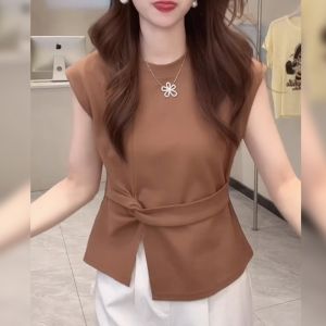 BINKAFENNY | Extra Large Womens Round Neck Sleeveless T-shirt Summer Slimming Knot Bottom Split Top Comfortable Fashion Korean Style