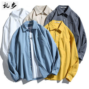 Autumn Winter Loose Fit Long Sleeve Pure Color Hong Kong Style Mens Shirt Rampo Trendy Casual Fashion Polyester Fiber
