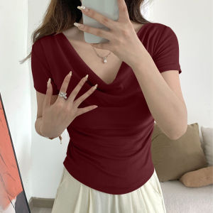 Summer Short Sleeve T-Shirt Womens 2025 New Style Shoulder Bared Fashionable Slim Fit Korean Version Pure Color Short Top