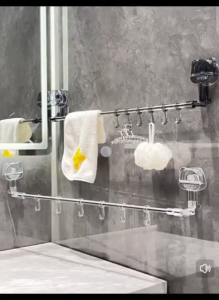 OHHDEER Rak Tuala Sedutan Vakum Boleh Laras + 6 Cangkuk 60cm-120cm Towel Rack with Suction & 6 Hooks