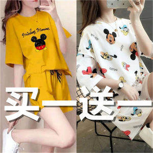 Summer New Style Womens Loose Large Size Short Sleeve Shorts Sports Set Fashion Casual Two-Piece Cotton round Neck Cartoon Print