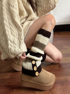 Y2k Millennium ลายทาง ถุงเท้าถักทรงขาบล็อกสีถุงเท้าน่องป้องกันเข่าสูง หวาน สไตล์ หนาขึ้น ถุงเท้าบ้าน