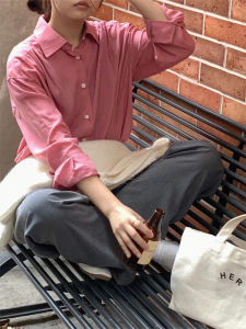 เสื้อเชิ้ตแขนยาวสีชมพูเมล็ดฝ้ายโพลีเอสเตอร์สไตล์วินเทจสำหรับผู้หญิง ฤดูใบไม้ร่วง/ฤดูหนาว เสื้อเชิ้ตสไตล์ฝรั่งเศสแบบลำลอง