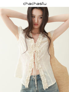 CHACHASTU Retro Button-Up Lace Trim Miniature Sleeve Shirt Slim Fit V-Neck Outerwear Cotton 2025 Summer Womens Shirt