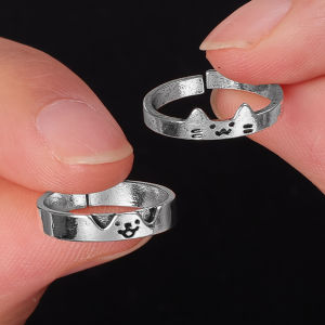 [Cutewomen2020] S925 Silver Kitten and Puppy Couple Ring Niche Design Open Adjustable Index Finger Ring Valentines Day Gift