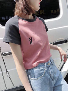 เสื้อยืดผ้าฝ้ายแขนสั้นสําหรับผู้หญิงเอวสูงเสื้อผ้าทํางานสลิมฟิตเสื้อสวมหัวคอกลมชิ้นเดียวสินค้าคงคลัง