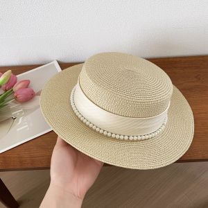 Womens Large Brim Flat Top Straw Hat Summer Fashionable Elegant Beach Vacation Outing Sand Beach Sun Protection Hat