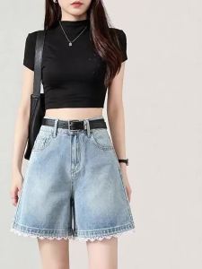 La Chapelle | Quần Short Jeans Mỏng Thắt Dây Ren Xanh Dương Nhạt Cao Bụng Ống Đứng