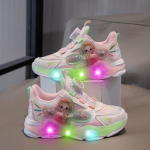 Girls Sport Shoes Childrens Glowing Light up Shoes Spring Autumn Soft Bottom Rotating Button Mesh Breathable Illuminated Shoes