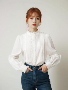 เสื้อเชิ้ตคอตั้งแขนยาวสีขาวสไตล์ฝรั่งเศสสำหรับผู้หญิงในฤดูใบไม้ผลิ แขนพอง ขอบลูกไม้ กระโปรงทรงแคนเดลา