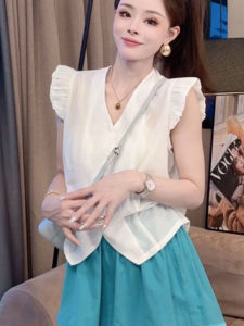 เสื้อเชิ้ตคอวีแขนพองสไตล์เกาหลีสำหรับผู้หญิง ฤดูร้อน 2025 ทรงหลวม ปกป้องจากแสงแดด แขนกุด ปกป้องจากแสงแดด