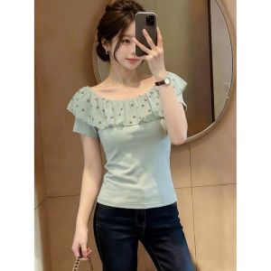 SHUQINGLAI | Off Shoulder Ruffled Knit Top T-Shirt Summer Slim Fit