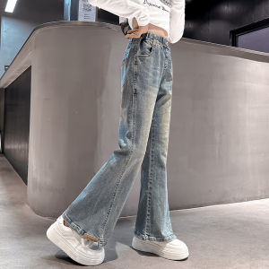 Girls Fleece Lined Flared Jeans Thickened Fashionable Korean Style Childrens Bootcut Pants High Waist Long Trousers for Kids