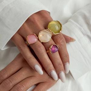 KunJoe 4 Cái/bộ Nữ Thời Trang Đá Quý Dát Acrylic Nhẫn Bộ Nhiều Màu Sắc Retro Nhựa Xếp Chồng Mở Nhẫn Bohemia Trang Sức