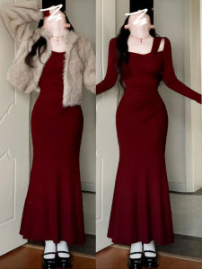 French Elegant Red Fish Tail Dress Womens Spring Autumn Winter New Pure Desire Spicy Girl Bodycon Long Dress Christmas Suit