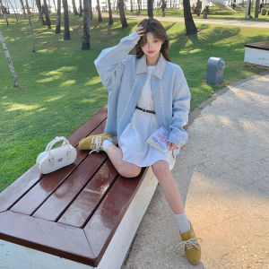 Blue Korean Style Fresh Lace Splicing Short Jacket Womens Spring New Loose Casual Jacke Casual Loose Womens Short Coat