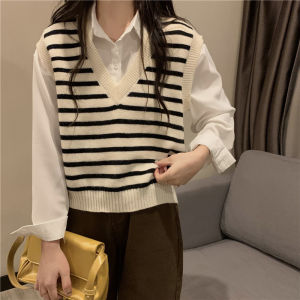 Womens Knitted Shirt And Vest Set Stripe Pattern Layering Clothing V-Neck Sleeveless Top Bottoms Autumn Fashion 2025