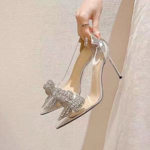 Womens High Heels 2025 New Summer Unique Design Thin Heel Not Tired Butterfly Knot Transparent Summer Sandals Fashionable Pointed Toe