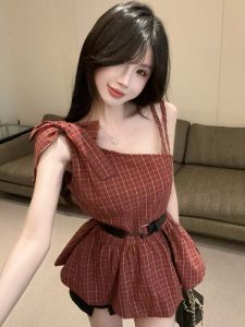 GUZILIAN | Summer Design Sense Plaid Strapless Crop Top Womens Stylish Pure Desire Spicy Girl With Waist Belt Small Shirt Upper Body