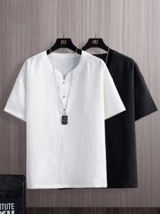 ROMON | Áo thun tay ngắn Lomond Ice Silk V-neck mùa hè mỏng phong cách Trung Hoa cotton lanh áo vest nam thời trang thường ngày thoáng khí