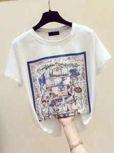 Summer 2025 Womens Loose Fit Short Sleeve T-Shirt White Base Layer Top Korean Style Casual Print round Neck Commute Wear
