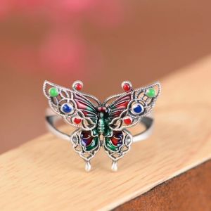 Elegant S925 Sterling Silver Enamel Butterfly Ring Trendy National Style Small Classical Butterfly Flower Love Ring Band