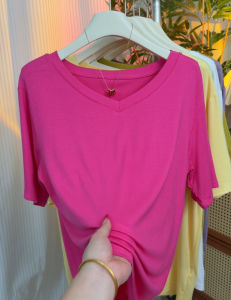 เสื้อยืดคอกว้างแขนสั้นผู้หญิง ทรงหลวม ทรงหลวม สไตล์เกาหลี ลำลอง ลำลอง ลำลอง สีพื้น แขนยาว 5 นิ้ว ฤดูร้อน 2025