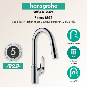 hansgrohe kitchen mixer Focus M42 - kitchen tap 220mm with 2 spray modes pull-out spray 2 ticks EcoSmart Chrome