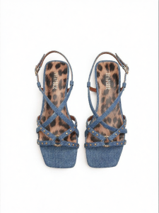 Joy & Peace | Elegant Denim Blue Leopard Print Rivet Thin Strap Flat Roman Sandals