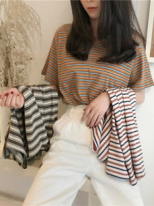 Summer Stripe Short Sleeve T-Shirt Womens Loose Casual Base Layer Top Slimming Loose Fit Polyester round Neck Basic Style