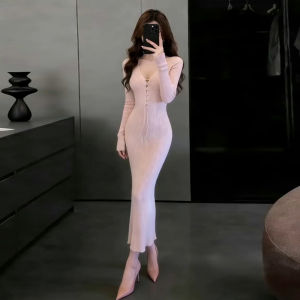SENWA | V-neck Pink New Style Body-hugging Elegant Cinched Waist Pencil Dress