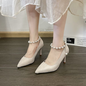 สีดำ รองเท้าส้นสูง ผู้หญิง เรียบหรู 2024 ใหม่ หลากหลาย สบาย Pearl CHAIN Thin Heel รองเท้าเดี่ยวสําหรับ สำหรับงานกลางคืน ชุดราตรี