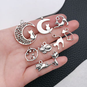 10/24pcs Vintage Silver Cat Charms Set - DIY Craft Supplies for Handmade Earrings Bracelets Necklaces & Keychain/Bag Accessori