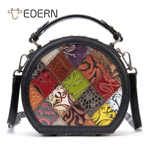 EDERN Trendy Genuine Leather Womens Shoulder Bag Retro Ethnic Style Mini Handbag Double Strap Crossbody Bag Patchwork Cowhide Sling Bag