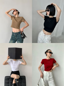 Paperlll Xinjian Basic Pure Color Padded Shoulder Shoulder Short Sleeve T-shirt Womens Summer Short Micro Slim-Fitting Simple Design