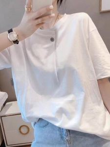 Button Single White Cotton Short Sleeve Womens T-Shirt Loose Casual Round Neck Top