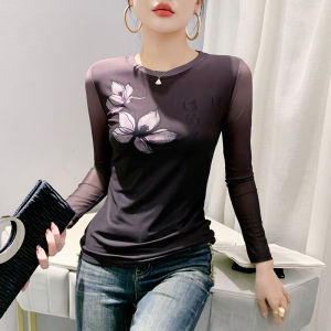 REHIN European Style Mesh Floral Print Slim Fit Long-Sleeve T-shirt 2024 Fall/Winter Fashion Round Collar Elegant S-4XL Womens Top