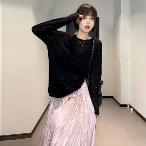 Shiny Long Sleeve Knitted Sweater Womens plus Size Slimming Base Layer Top Korean Style Loose Fit Knitwear round Neck